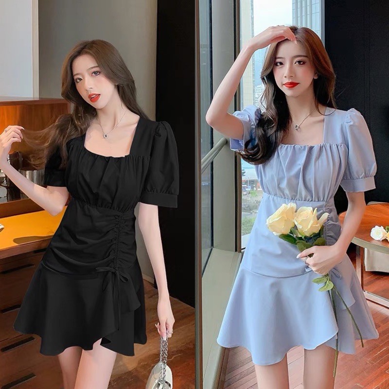 Đầm cổ vuông dây rút nhún eo