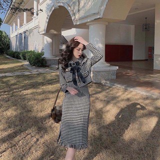 Set áo khoác và chân váy dài dạ tweed kẻ trắng đen [Ảnh thật 3-9]