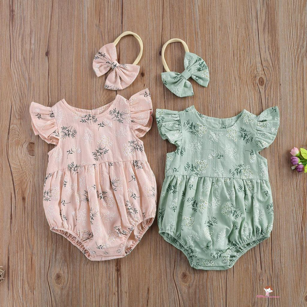 Áo Liền Quần In Hoa Tay Cánh Tiên Cho Bé Gái 0 - 24 Tháng Tuổi