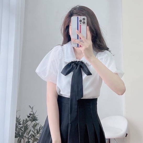 Áo sơ mi trắng nữ LOZADO áo sơ mi ngắn tay dáng xòe babydoll thiết kế cổ ren phối nơ xinh xắn nhẹ nhàng A627