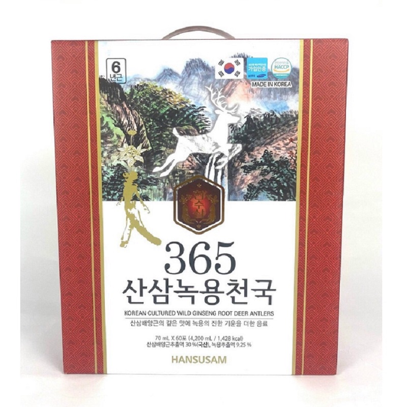 Nước Hồng Sâm Núi Nhung Hươu 365 Hansusam Hàn Quốc, Hộp 60 Gói * 70ml, Giúp Bồi Bổ Nâng Cao Sức Khỏe