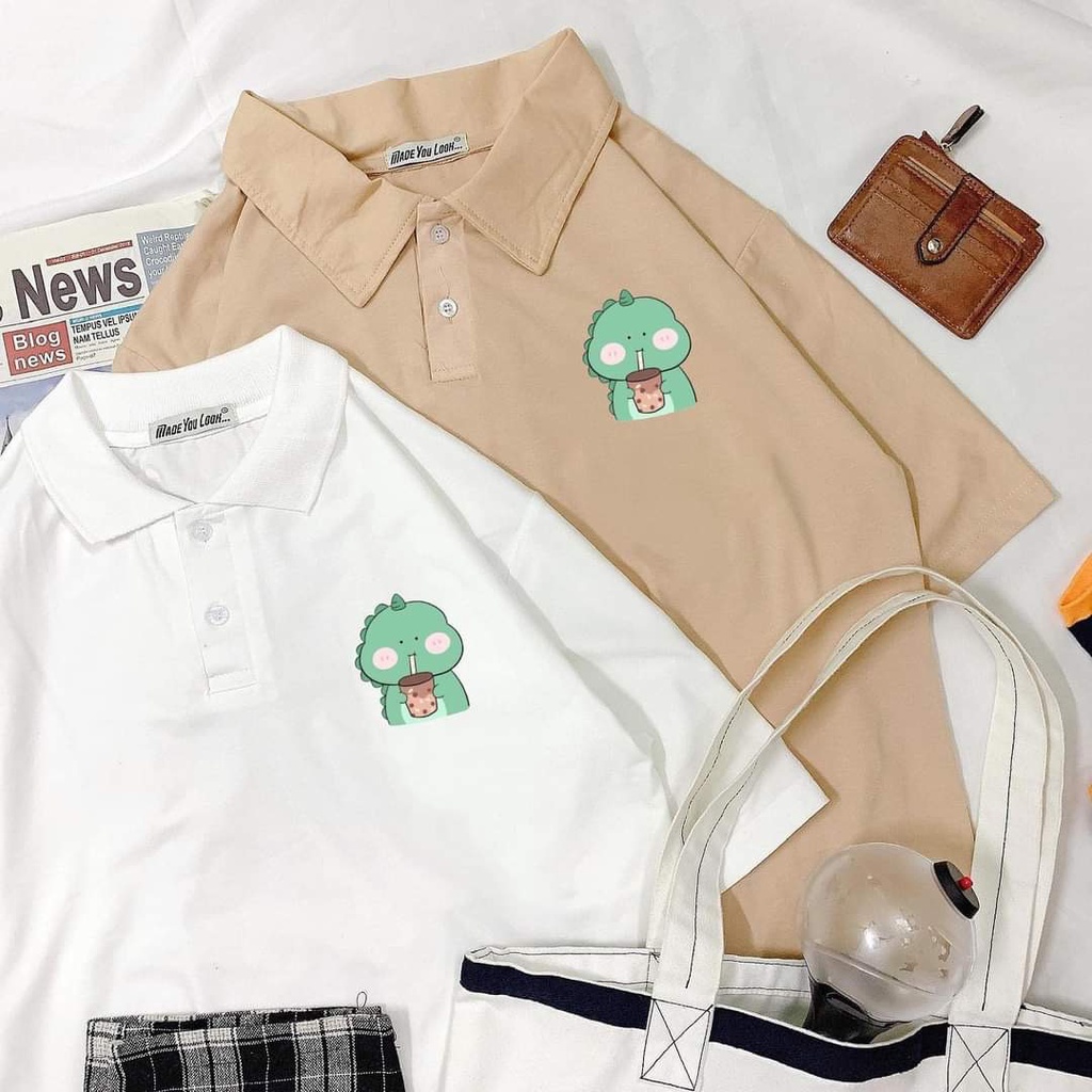 Áo thun Polo form rộng tay lỡ nữ SAM CLO phông freesize unisex mặc đi học, nhóm, lớp in hình KHỦNG LONG XANH TRÀ SỮA