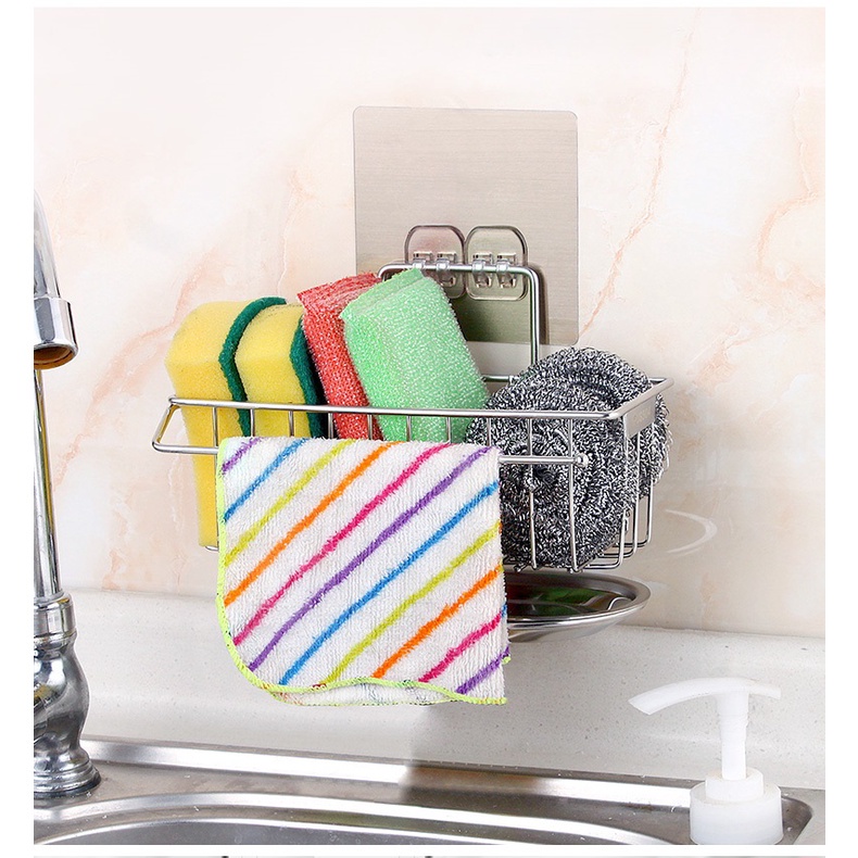 Giá Có Khay Hứng Nước Để Giẻ Rửa Bát Bằng Inox Dán Tường Siêu Tiện Lợi
