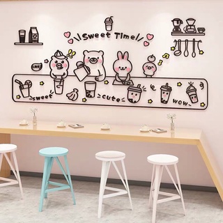 Tranh dán tường mica dán nổi trà sữa gấu trang trí quán cafe, trà sữa