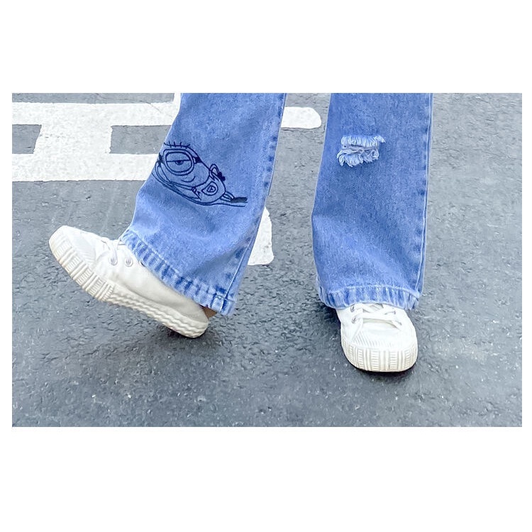 Quần Jean Ống Rộng Lưng Cao Co Giãn 100-160cm Dành Cho Bé Gái 3-14 Tuổi