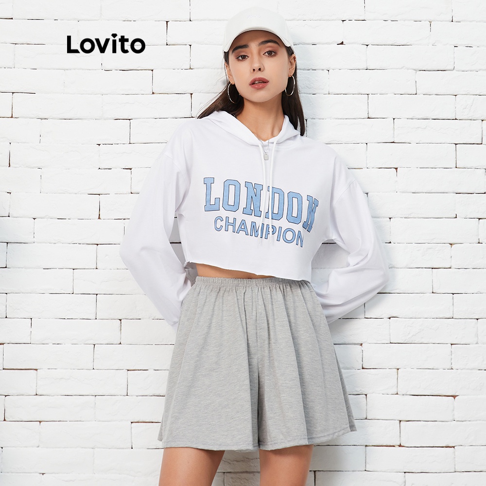 Áo sweatshirt croptop Lovito in họa tiết chữ phong cách thường ngày L07083 (Màu trắng) | BigBuy360 - bigbuy360.vn