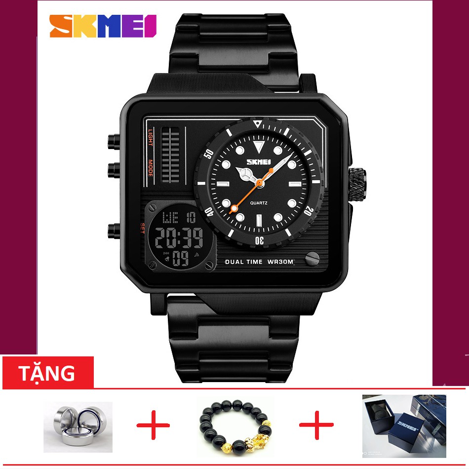 Đồng hồ nam dây thép không gỉ thể thao Skmei 1392 2 múi giờ độc đáo (Black & Silver)