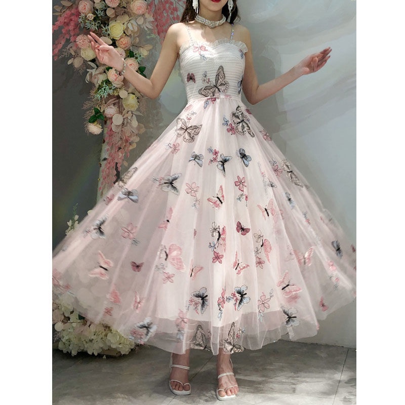 Đầm Lưới Hai Dây Ôm Eo Thêu Hình Bướm Thời Trang Hàng Mới 2022