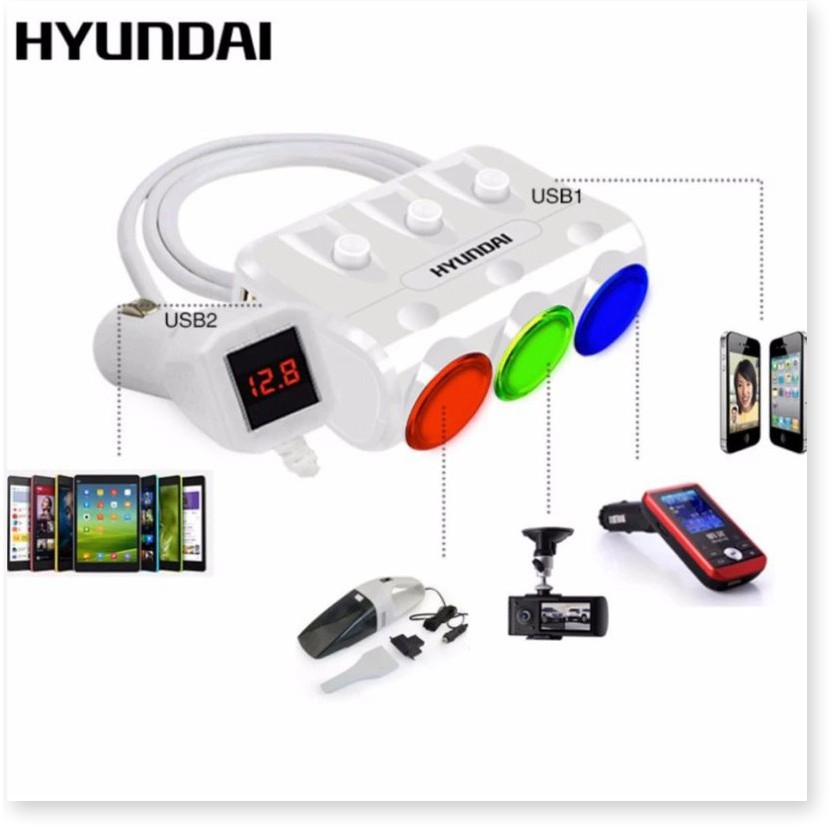 Bộ chia 3 nguồn tẩu thuốc, 2 cổng USB Hyundai cao cấp