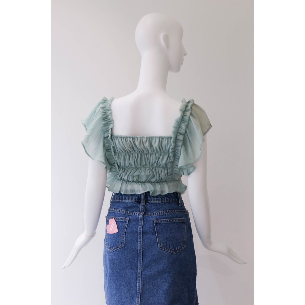 Áo voan freesize HEYBEE phom ngắn nhún bèo (2 màu) - BLUE BELL TOP HT630.