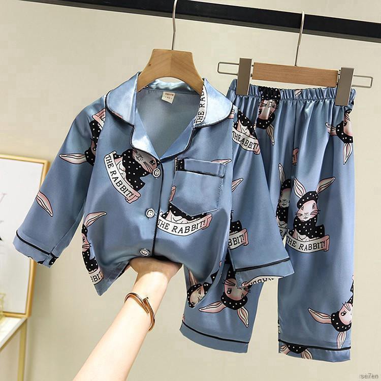 ruiaike  Kids Girls Boys Satin Silk Sleepwear Set Long Sleeve Cartoon Cat Print Button Blouse Tops + Pants Pajamas