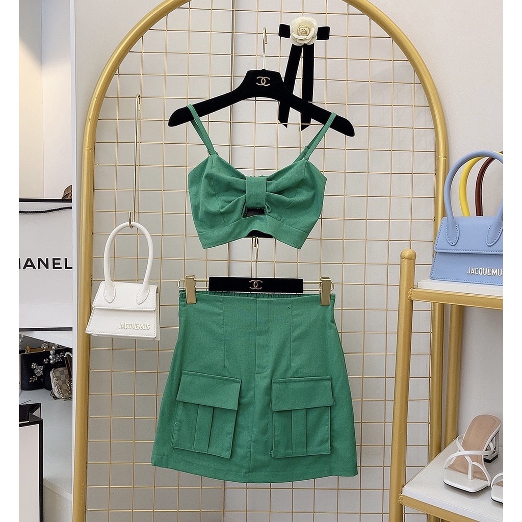 Sét áo 2 dây phối nơ cùng chân váy nắp túi MQ CLOTHING