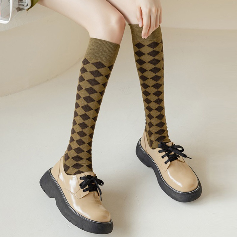 XIXI Vớ cotton cổ cao in họa tiết kim cương màu sắc tương phản thời trang mùa thu cho nữ