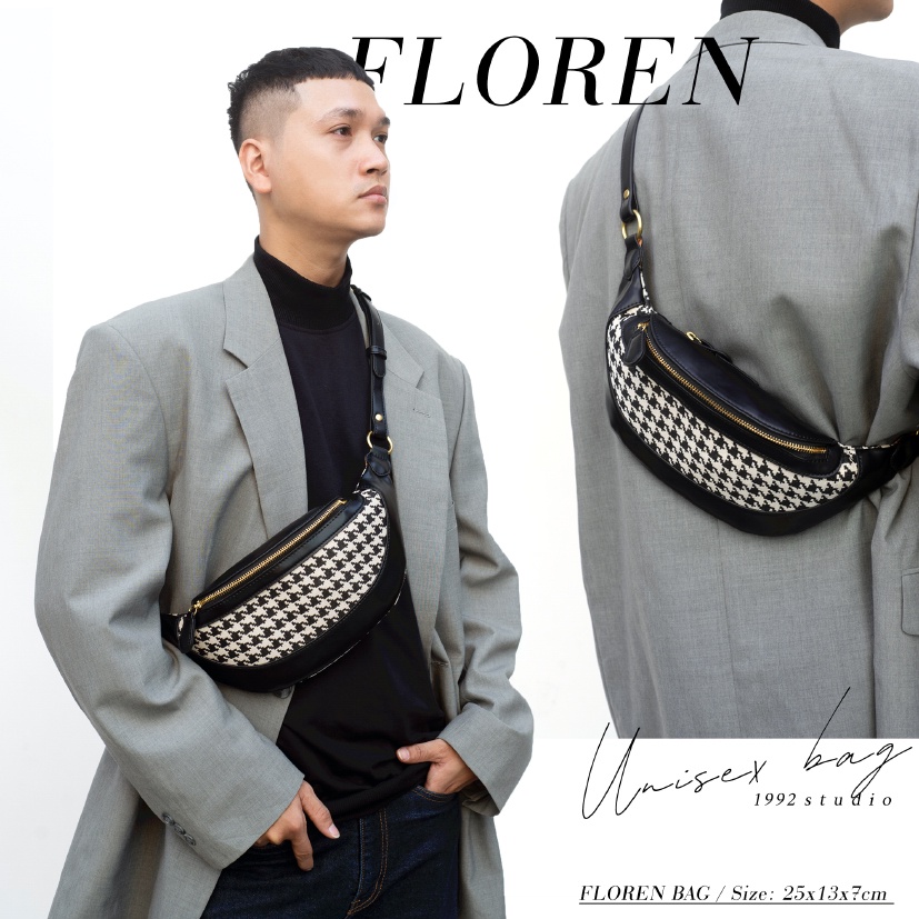 Túi xách unisex nam nữ/ 1992 s t u d i o/ FLOREN BAG/ Túi bao tử phối hoạ tiết HOUNDSTOOTH sành điệu.