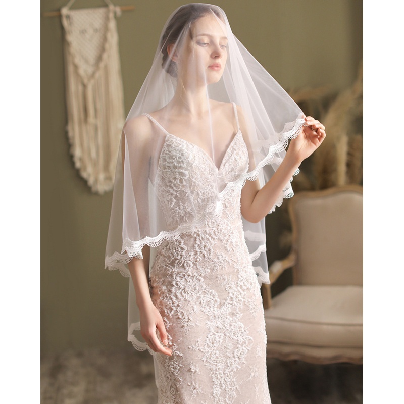 Mạng Che Mặt Với Lược Kim Loại 2 Tầng Vải Tuyn Ren Cho Cô Dâu