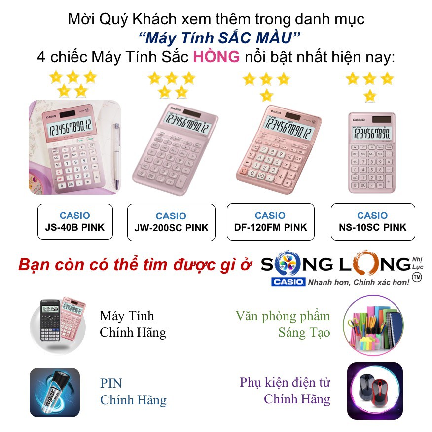 Máy Tính CASIO Sắc Màu dòng Cao Cấp JS-40B – “Hồng Sen Đài Cát” – Máy tính Cầm Tay Chính Hãng Bảo Hành 5 năm bởi Bitex