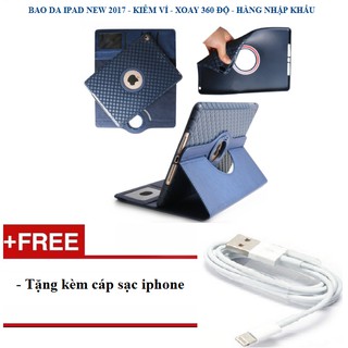 Bao da ốp lưng cho iPad New 2017 cao cấp kèm ví đựng xoay 360 độ (Màu xanh lam) tặng kèm cáp sạc iphone - H_shop_vn