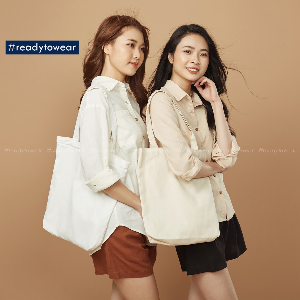 Túi tote vải canvas trơn cỡ lớn - túi vải bố trắng có khóa kéo đeo vai phong cách ulzzang T01