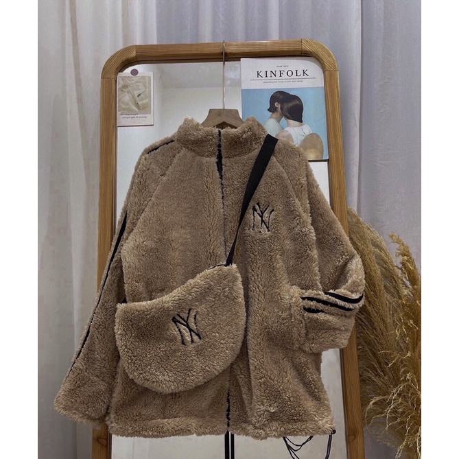 Áo Khoác Lông N Y Kèm Túi Chéo- Áo Khoác Lót Lông Nâu Sang Chảnh Form Rộng Unisex