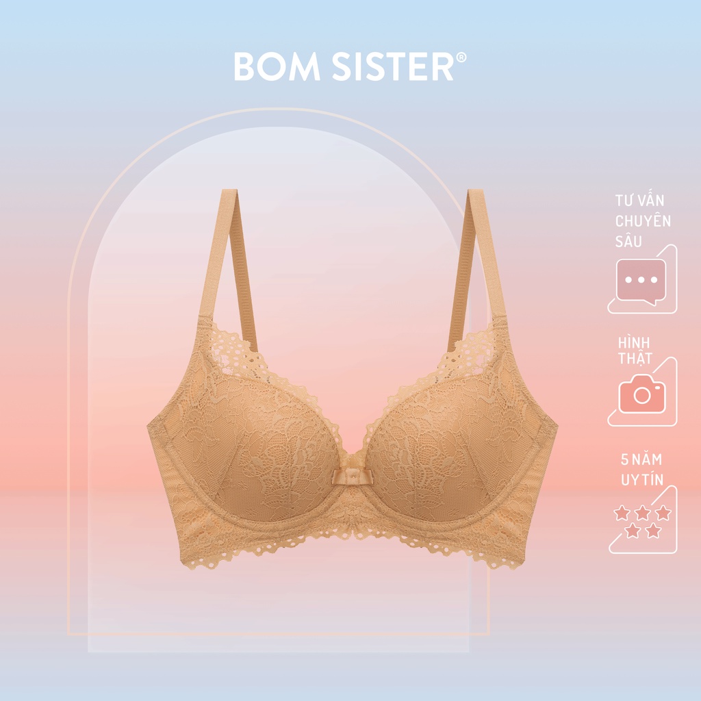 Áo lót mút mỏng có gọng ren hoa màu trơn đính nơ nâng ngực tự nhiên BOM SISTER AB8075