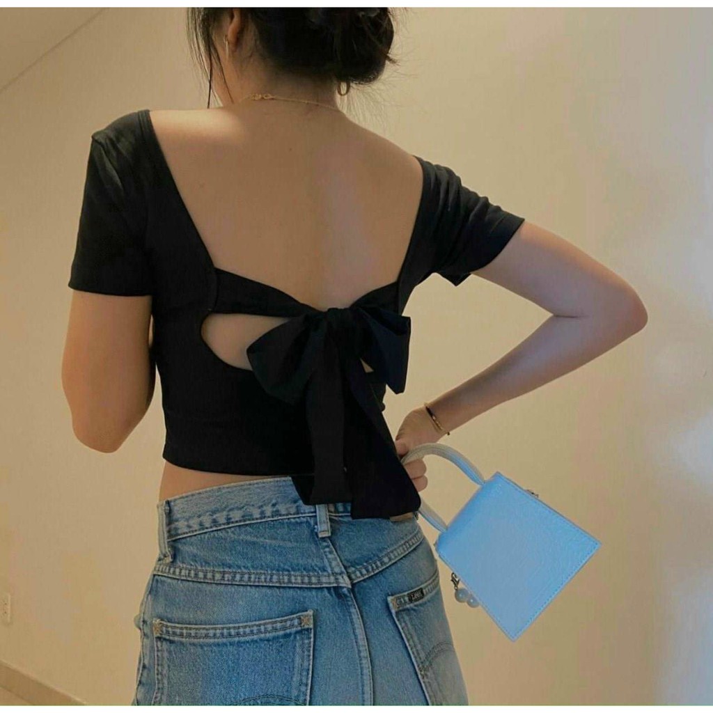 Áo croptop cột nơ  sau lưng ACON 203, hở nhẹ bờ vai, sexy năng động, áo thun gân kiểu nữ độc lạ trơn basic đen trắng ôm
