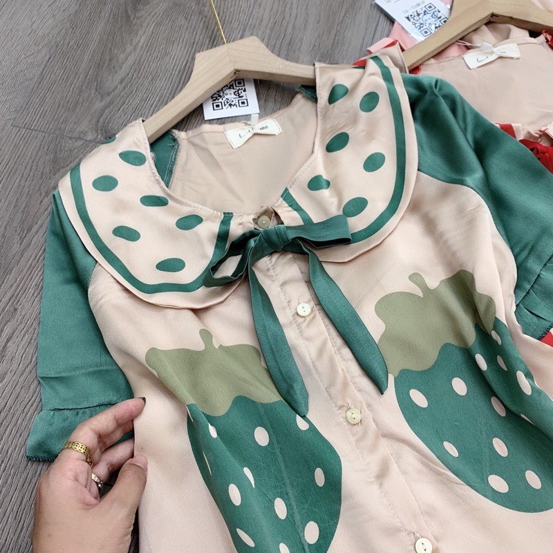 Bộ Pijama lụa 5 màu áo dài quần dài bộ ngủ chất liệu mát lịm tim in dâu tây