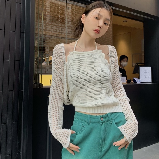 Áo ZHELIHANGFEI dệt kim không tay eo cao hở lưng quyến rũ cho nữ