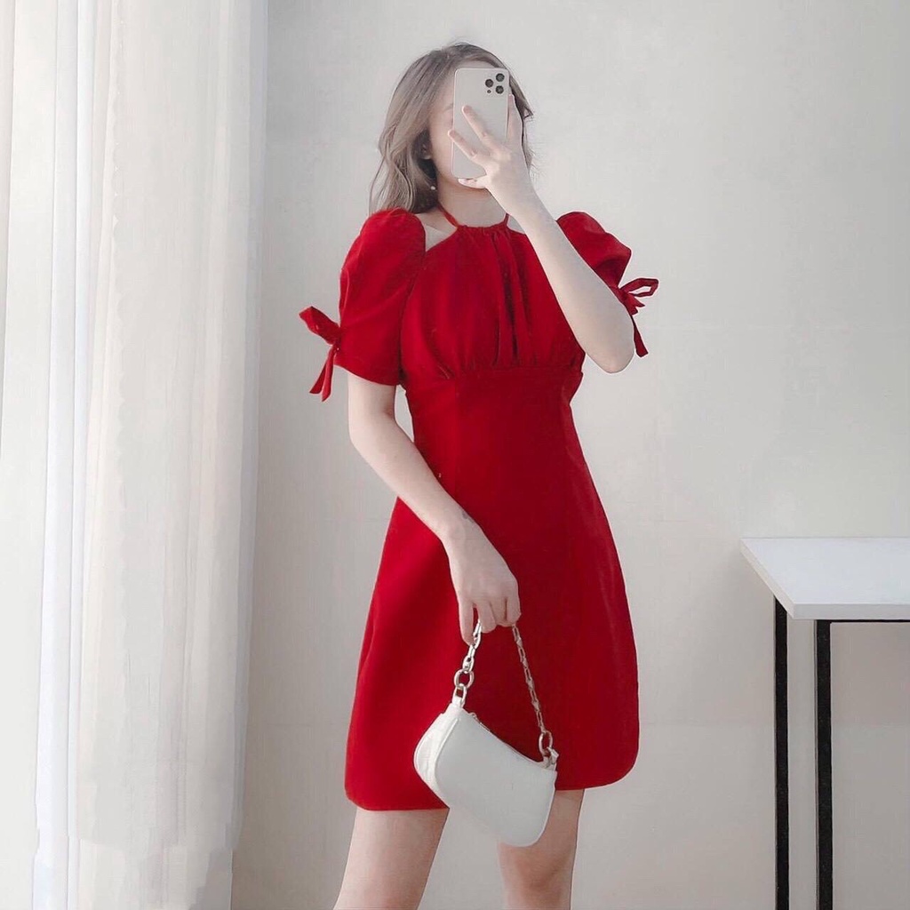 Đầm đỏ dạo phố dáng xòe cổ yếm tay bồng nhẹ phối nơ xinh xắn San Dress