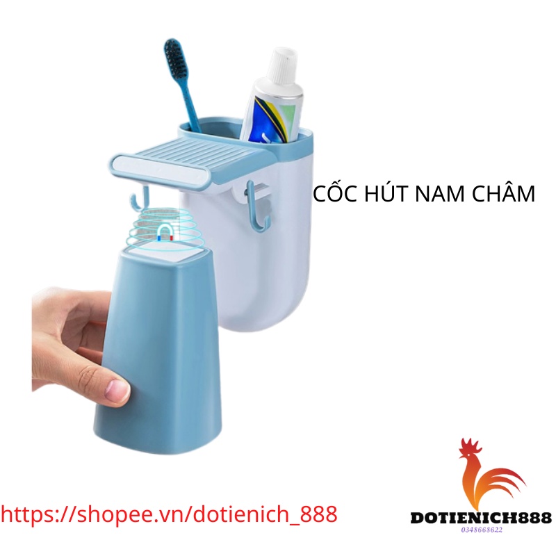 Kệ giá treo bàn chải đánh răng dán tường kèm cốc úp ngược đế hút nam châm thông minh