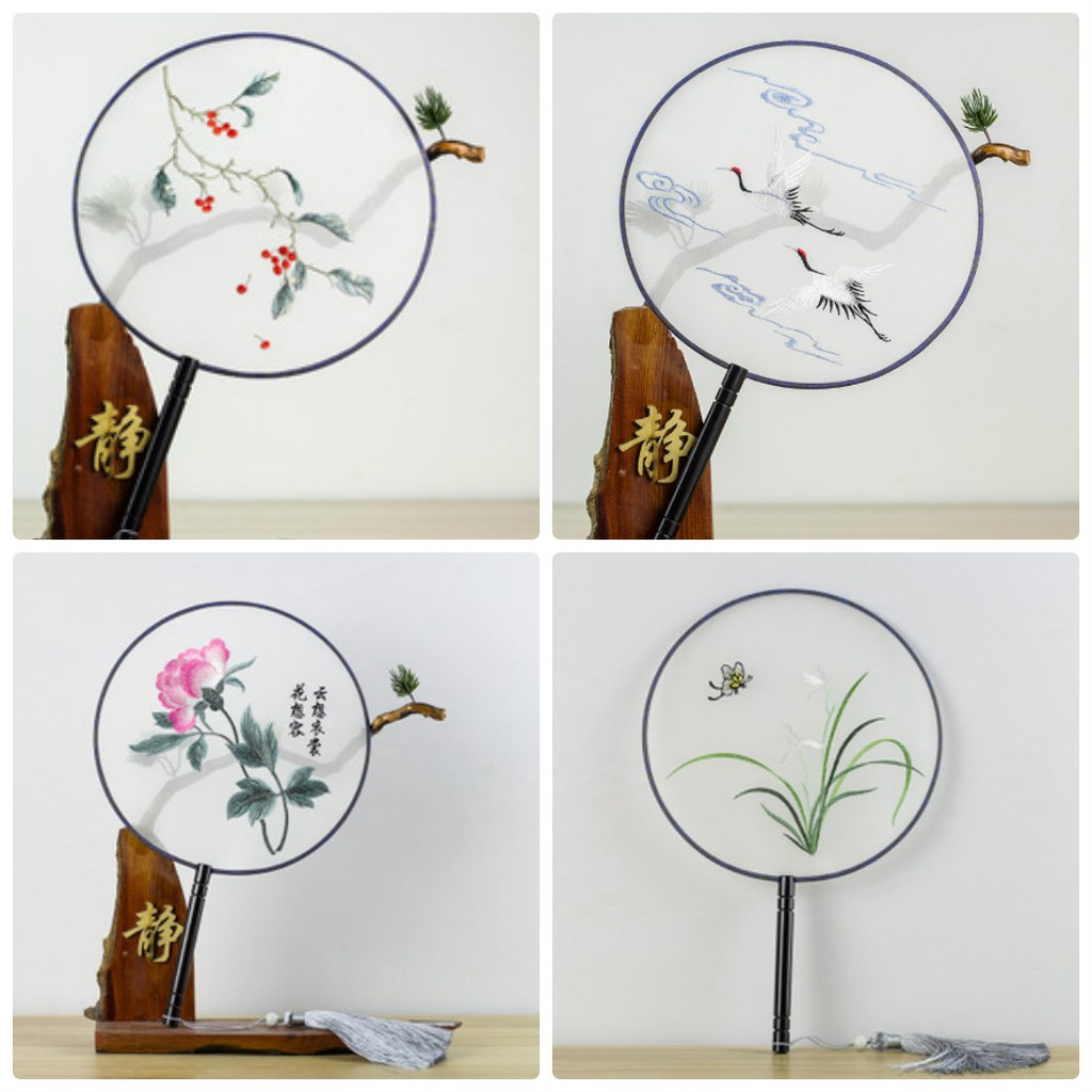Quạt tròn thêu hoa dây tuyến bản đẹp bộ sưu tập quạt tròn cầm tay phong cách cổ trang Trung quốc cổ đại