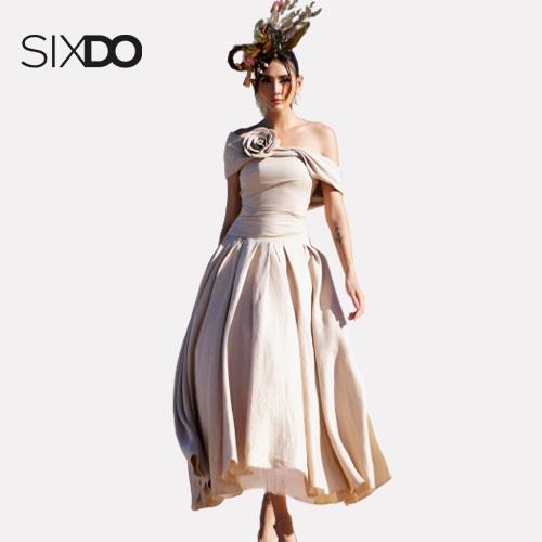 [Mã BMLT30 giảm đến 30K đơn 299K] Đầm xòe SIXDO (Nude Off-shoulder Midi Linen Dress)