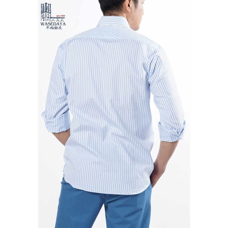 Áo Sơ Mi Nam Dài Tay OWEN AR220021DT Somi Công Sở Cao Cấp Màu Xanh Ghi Sớ Ngang Dáng Suông Tà Lượn Có Túi Vải Sợi Tre