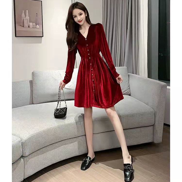 Đầm Nhung Tay Dài Cổ Chữ V Màu Đỏ/Đen Phong Cách Đơn Giản Dành Cho Nữ