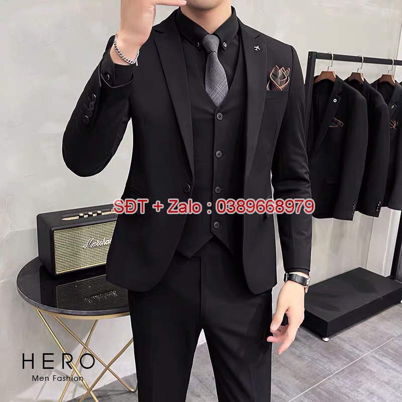 Bộ Vest Nam Cao Cấp Hàn Quốc Màu Đen, Chất Vải Sịn Sò, Cạp Quần Có Tăng Chỉnh Size. Suit Nam Màu Đen