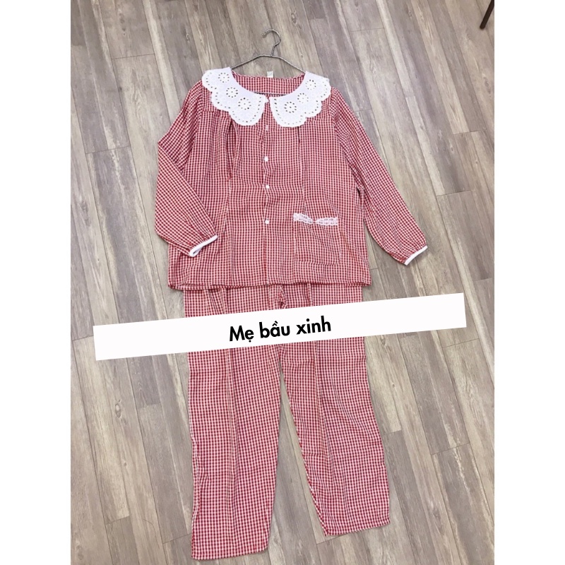 Bộ bầu và sau sinh,  dài tay kẻ, cổ sen ren siêu xinh, có khoá kéo cho bé ti (45-70kg) A001
