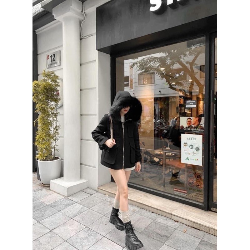 ANU49 - ÁO KHOÁC NỮ DẠ ĐEN KHOÁ CỔ LÔNG | BigBuy360 - bigbuy360.vn