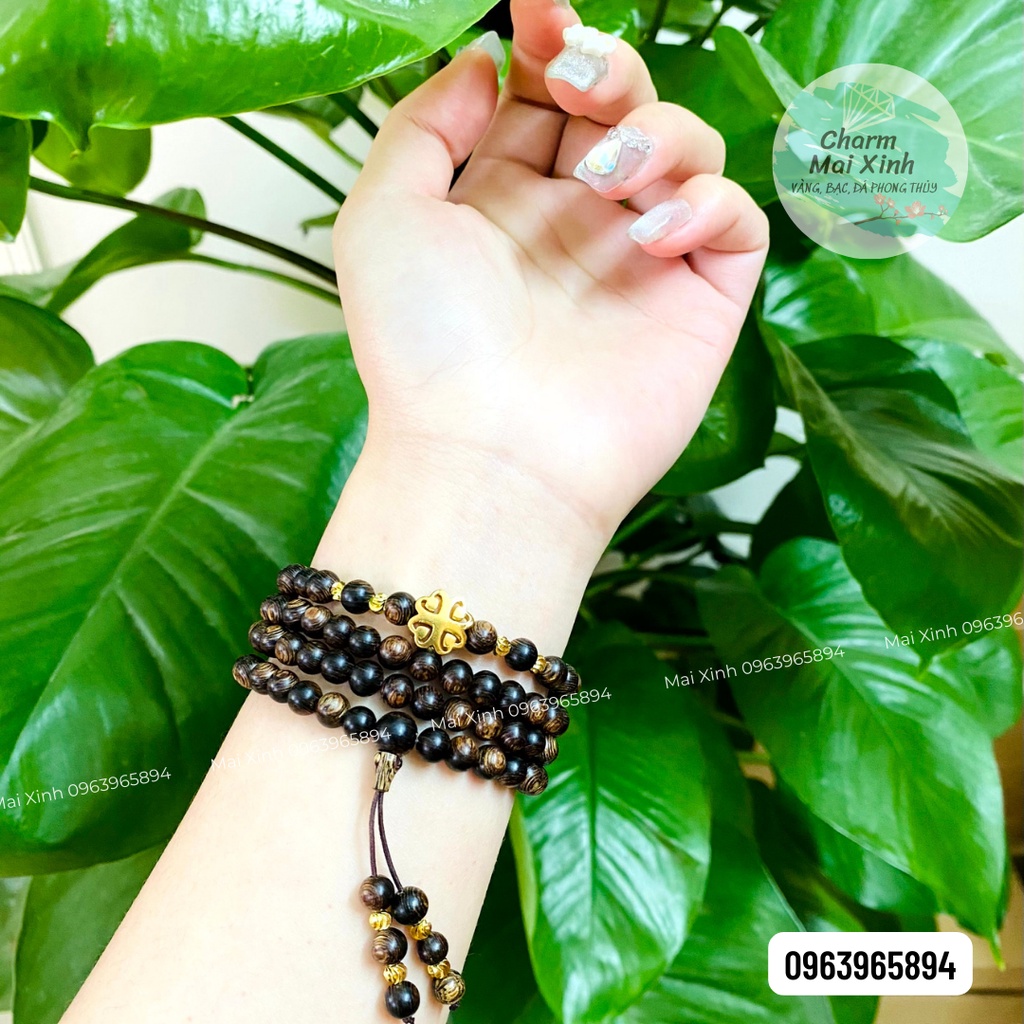 Chuỗi Trầm Hương Sánh Chìm 108 hạt  + Cỏ Bốn Lá Rỗng - Vòng Tay Phụ Kiện Hoa Gỗ tự nhiên Nam Nữ Cao Cấp phong thuỷ