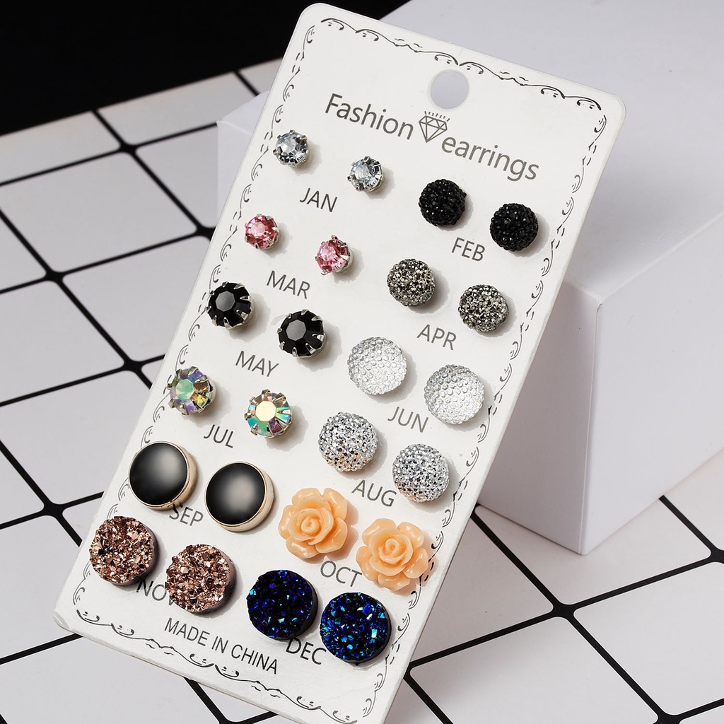 Set 12 đôi bông tai đính đá hình hoa đơn giản cho nữ