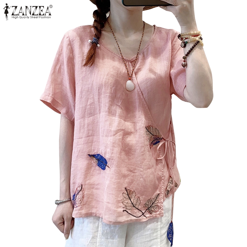 ZANZEA Áo Kiểu Chất Liệu Vải Cotton Phong Cách Vintage Xinh Xắn Cho Nữ
