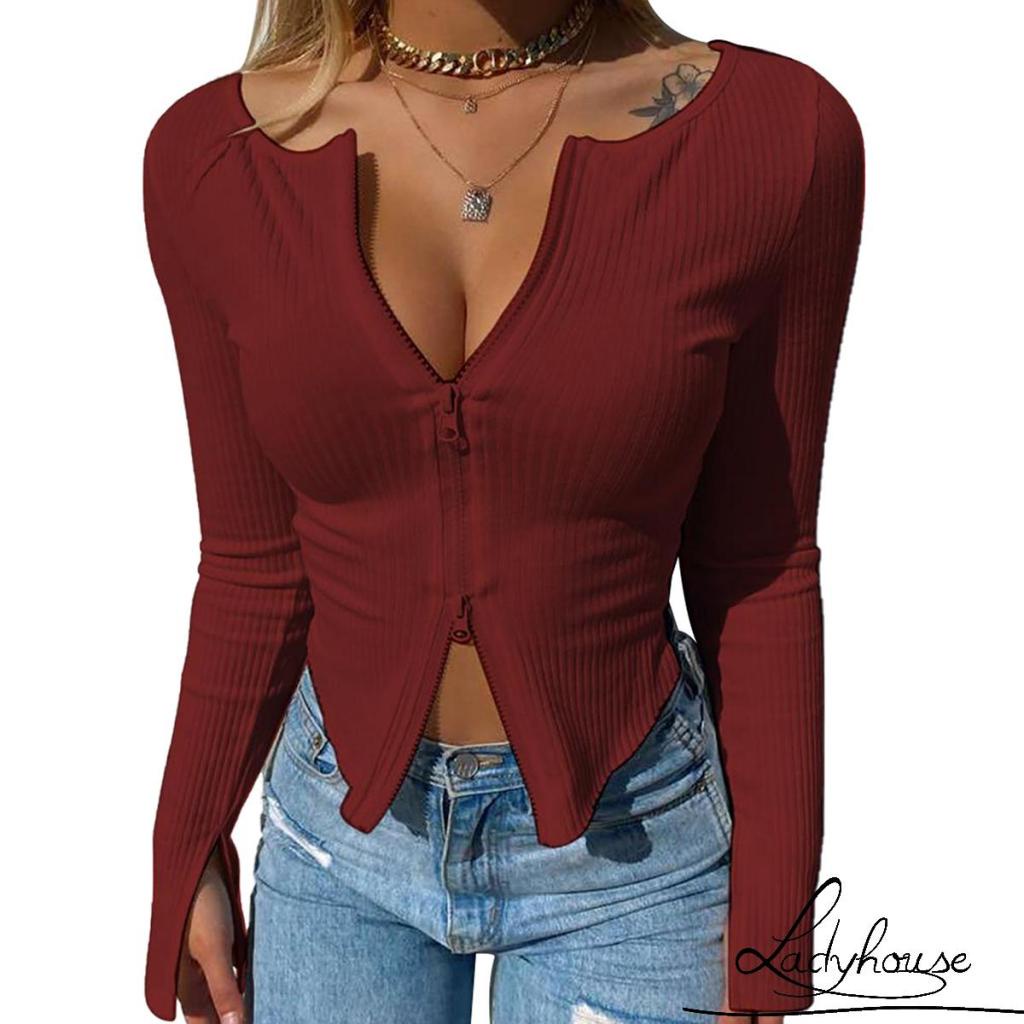 Áo croptop dệt kim cổ tròn tay dài màu sắc trơn có khóa kéo phong cách thời trang mùa thu quyến rũ cho nữ