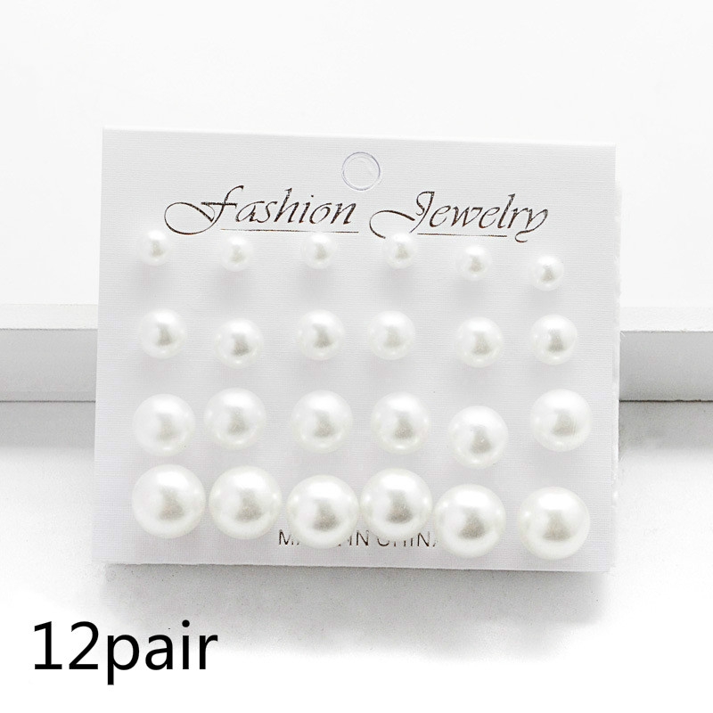 12 Pairs/ Set Delicate Pearl Earrings Jewelry White &amp; Black &amp; Beige