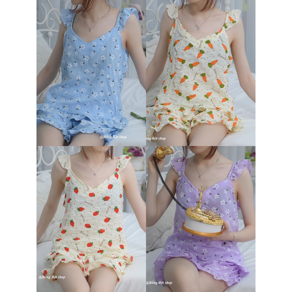 BỘ ĐỒ NGỦ MẶC NHÀ 2 DÂY HỌA TIẾT ULLZANG HOT HÈ 2022