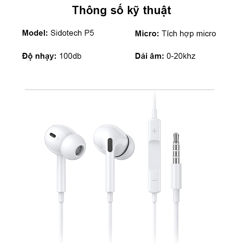 Tai nghe nhét tai SIDOTECH P5 siêu bass cách âm có mic chống ồn chuyên nghe nhạc EDM Remix chơi gaming esport jack 3.5mm