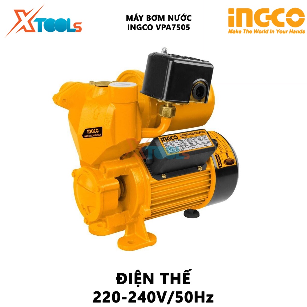 Máy bơm nước INGCO VPA7505 Máy bơm tăng áp Điện thế 220-240V~50Hz Công suất 750W(1.0HP) Chiều cao bơm tối đa 44 m bơm nư