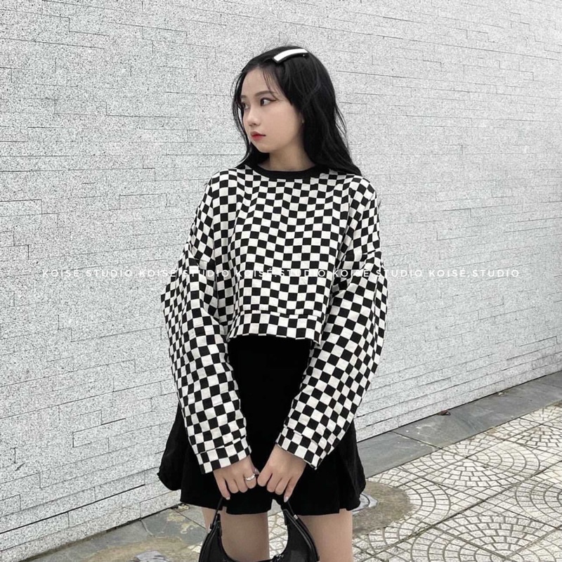 [HÀNG THIẾT KẾ - KOISÉ STUDIO]  ÁO SWEATER DÁNG CROPTOP HOẠ TIẾT CARO TRENDY