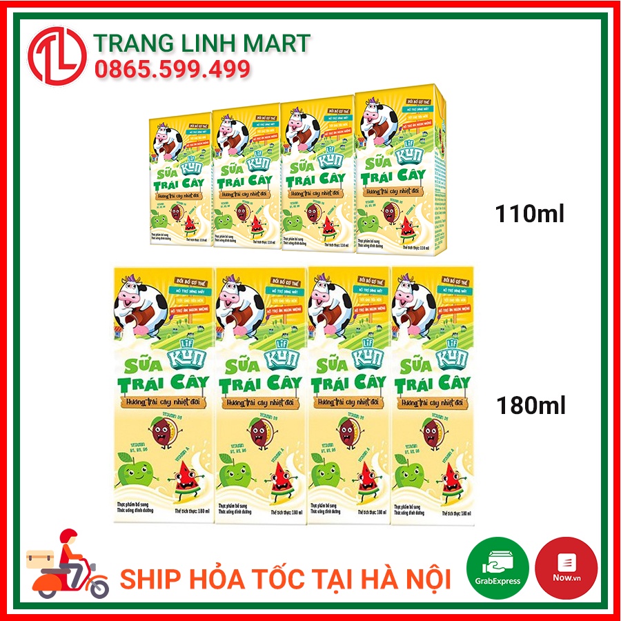 Sữa trái cây LIF KUN hương trái cây nhiệt đới lốc 4 hộp x 110ml, 180ml