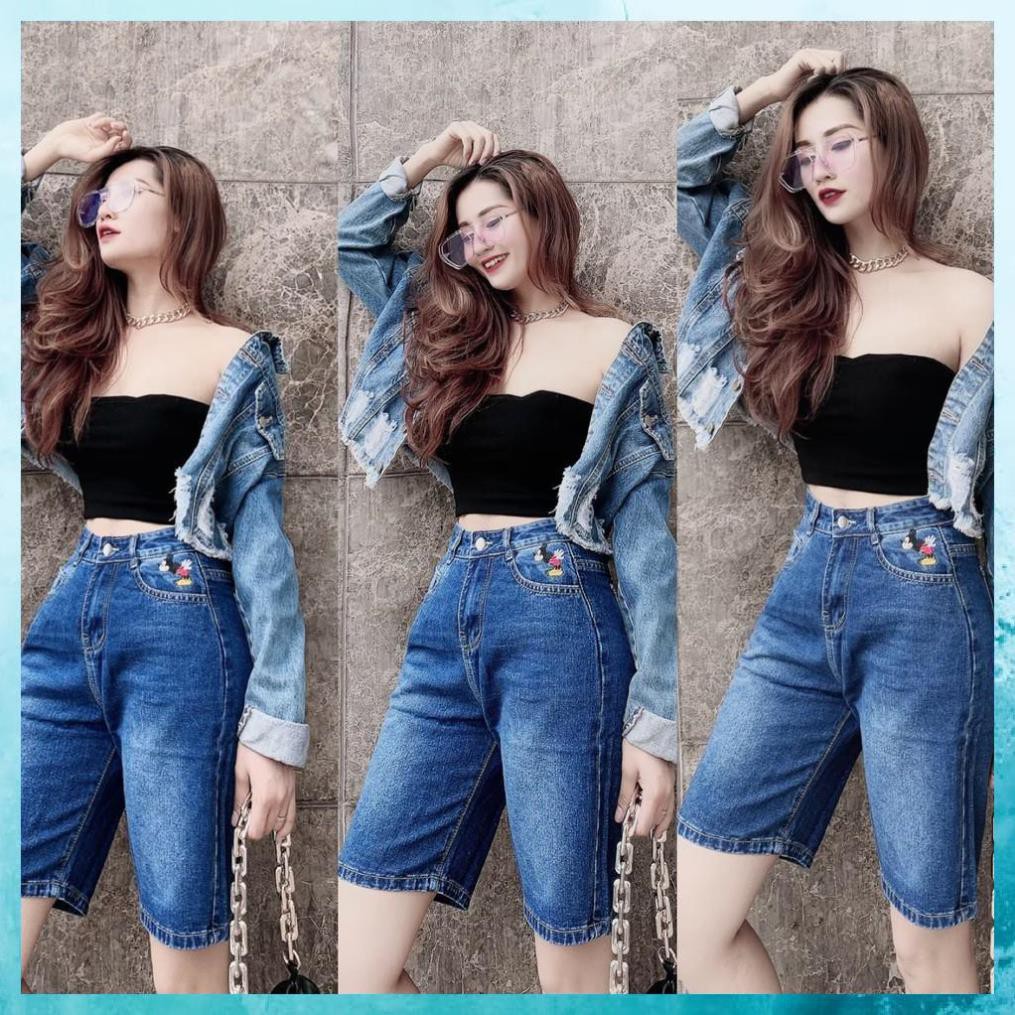 [TH Jeans] Quần bò ngố trơn, quần jeans lửng cạp ngang rốn, túi chéo họa tiết Mickey. Mã N3120