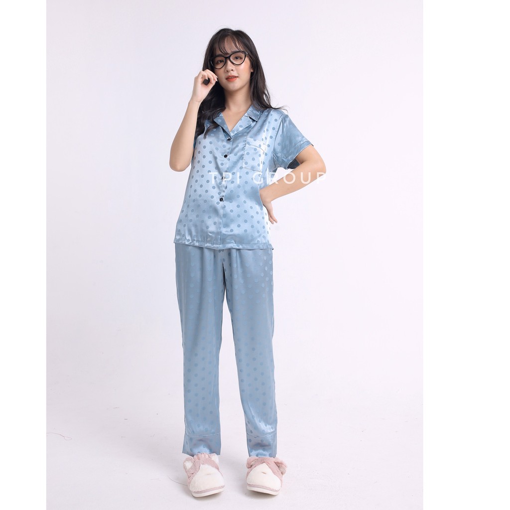 Đồ ngủ pijama lụa gấm chấm bi cộc dài