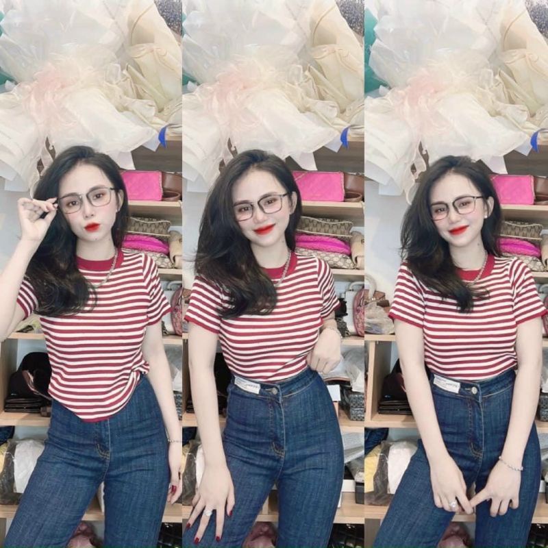 Áo thun sọc cổ tròn chuẩn phôm tôn dáng sang chảnh PC