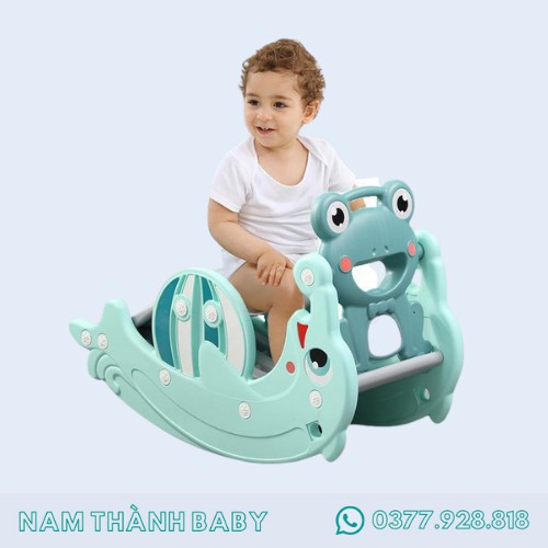 FREE SHIP !!! Đồ chơi cầu trượt 3in1 Cá Heo 9BABY, biến hình bập bênh và cột bóng rổ - XANH